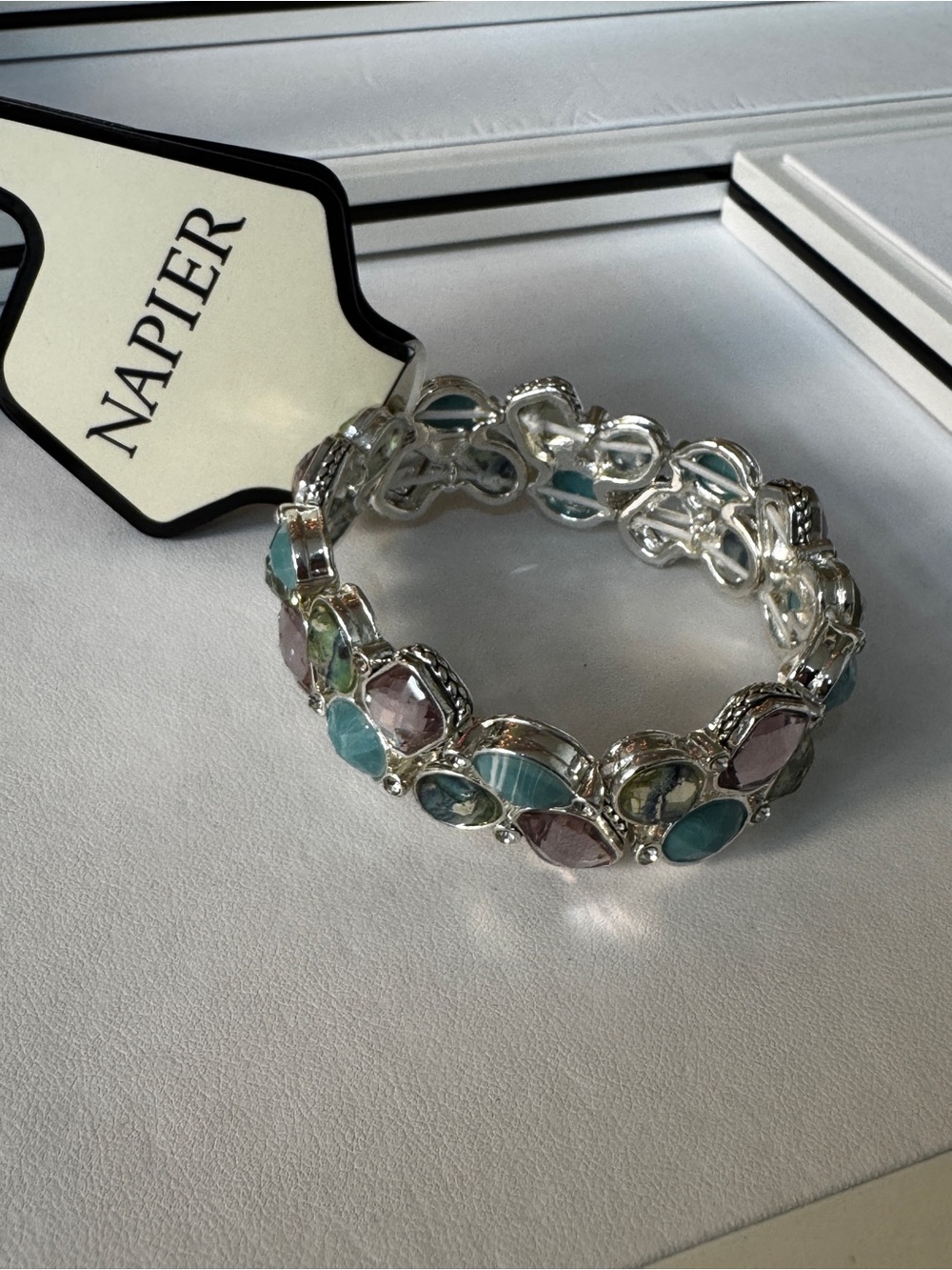 Napier Silver-Tone Stretch Bracelet with Turquoise, Lilac & Green Stones